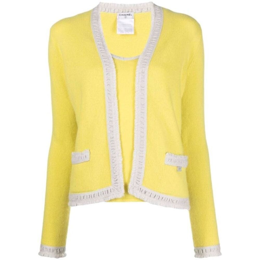 Chanel Y2K Yellow Cashmere Co-ord Set: Open Cardigan & Top with Fringe Trim